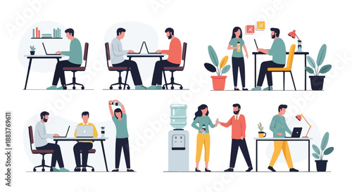 Flat illustration of diverse office workers engaging in various healthy lifestyle activities at desks and around a water cooler in a modern workspace with plants.