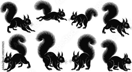 Squirrel silhouette vector illustration set with various poses of forest animals, bushy tail rodents jumping and standing icons for autumn nature design projects,