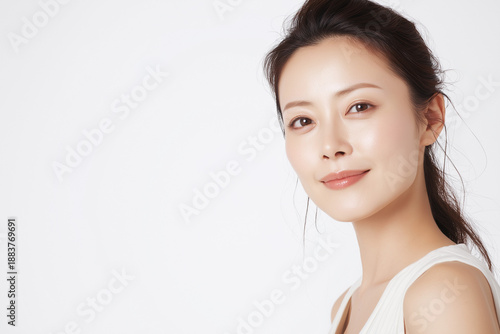 Naklejka 40代, 女性, 美容, スキンケア, 化粧品, 美肌, エイジングケア, 若々しさ, 健康的, 自然体, 日本人, アジア人, 美容医療, 保湿, 美白, ツヤ肌, ナチュラルメイク, フェイシャルケア, 美容液, クリーム, マスク, リフトアップ, シワ改善, ハリ肌, エステ, 美容クリニック, 笑顔, クローズアップ, ポートレート, リラックス, ヘルシーライフスタイル, アンチエイジ