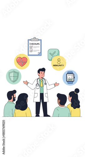 A doctor in a white coat explains healthy lifestyle concepts to a diverse group of people with floating health-related icons around him against a clean white background.