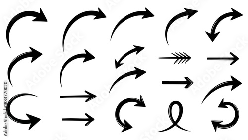 Collection of diverse black arrow illustrations in various styles, directions, and curves