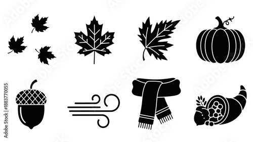 Collection of autumn and harvest-themed black silhouette icons including leaves, pumpkin, acorn, scarf, wind, and harvest vegetables