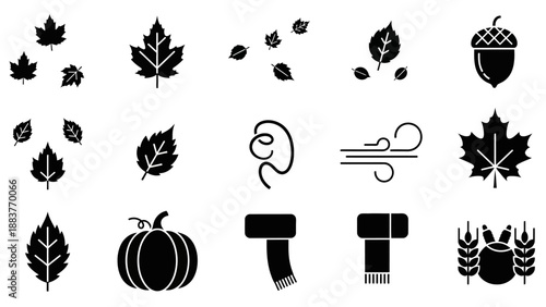 Collection of black silhouette autumn, leaf, pumpkin, scarf, and harvest icons