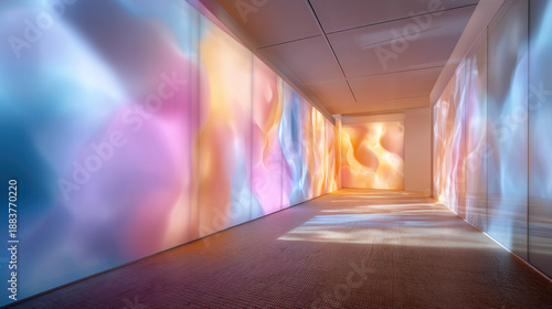 Abstract light corridor, colorful gradient wall projection, immersive installation, modern art, soft glow, blur, dreamlike mood