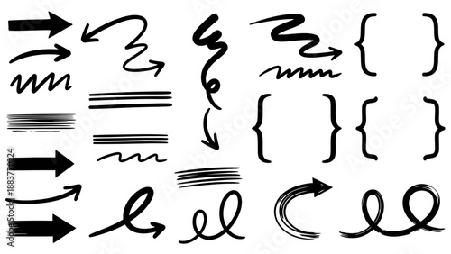 Collection of various black marker arrows, lines, squiggles, and curly brackets on white background