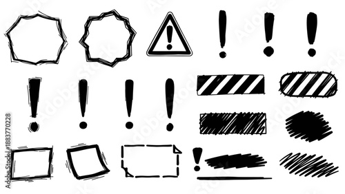 Collection of hand-drawn warning signs and symbols including exclamation marks, shapes, and hatching patterns