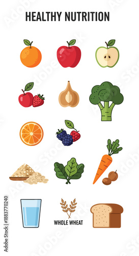 Flat lay of various healthy foods and a glass of water arranged on a white background, promoting a healthy lifestyle with fresh fruits, vegetables, and whole grains.