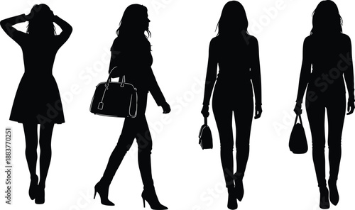 Stylish women silhouette set walking and standing with handbags, modern female fashion poses, elegant lifestyle illustration, urban style concept isolated on white background