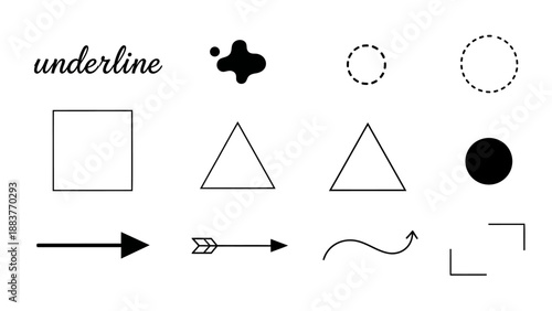 Collection of abstract symbols, shapes, arrows, dashed circles, and stylized words on white background