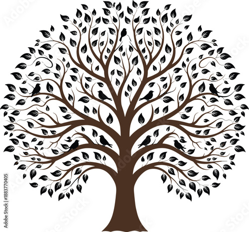 Symmetric Tree Silhouette with Black Leaves and Birds on Branches Isolated on White Background for Family Genealogy and Nature Concept Design