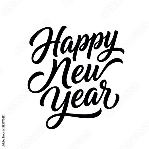 vector A festive and elegant black and white calligraphic design spelling out 'Happy New Year' in a stylish script font, perfect for holiday greetings and celebrations.