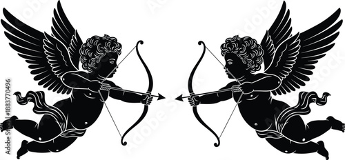 Symmetrical cupid angel silhouette vector illustration with wings, bow and arrow, romantic mythology design isolated on white background, decorative art style concept
