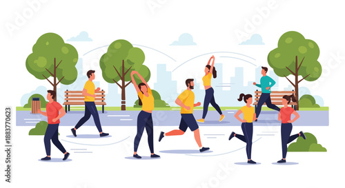 Illustration of diverse people exercising outdoors in a park with trees and benches, promoting a healthy lifestyle with vibrant colors.