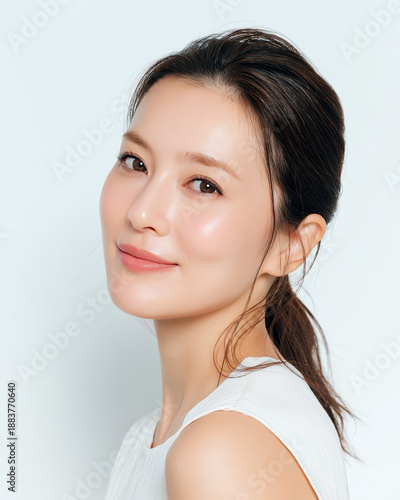 40代, 女性, 美容, スキンケア, 化粧品, 美肌, エイジングケア, 若々しさ, 健康的, 自然体, 日本人, アジア人, 美容医療, 保湿, 美白, ツヤ肌, ナチュラルメイク, フェイシャルケア, 美容液, クリーム, マスク, リフトアップ, シワ改善, ハリ肌, エステ, 美容クリニック, 笑顔, クローズアップ, ポートレート, リラックス, ヘルシーライフスタイル, アンチエイジ