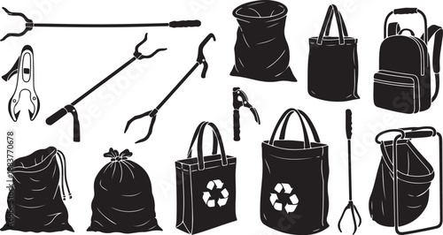 Black and white illustration of recycling and trash tools