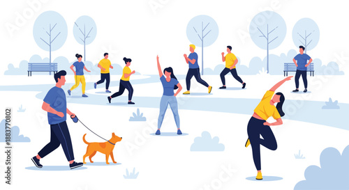 Illustration of diverse people engaging in various outdoor exercises and a man walking a dog on a snowy field with trees in the background, promoting a healthy lifestyle with a vibrant and