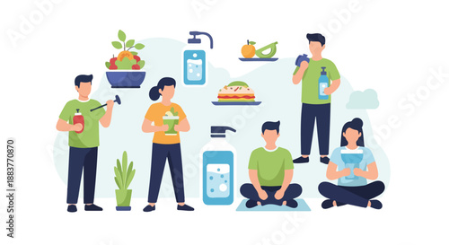 Illustration of diverse people engaging in healthy lifestyle activities with food, water, and plants against a clean background.