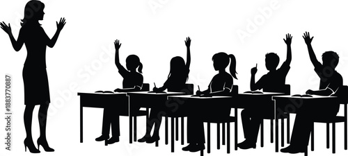 Teacher and students in classroom silhouette vector illustration, pupils sitting at desks raising hands to answer, education and learning process graphic 