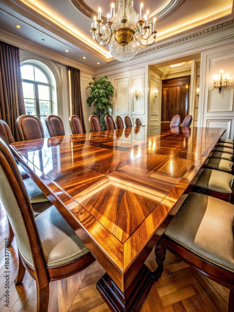 Fototapeta premium A sturdy wooden masterpiece, infused with a glossy epoxy resin finish, serves as the centerpiece of a grand dining room
