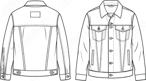 Technical CAD drawing flat vector illustration of a men's classic denim trucker jacket with button front chest pockets and paneling