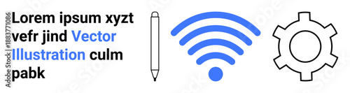 Pen, wireless signal icon, gear, and placeholder text combining creativity, technology, and network themes. Ideal for communication, design, tech support internet innovation connectivity simple