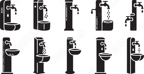 Various Water Faucet and Sink Illustrations in Black and White