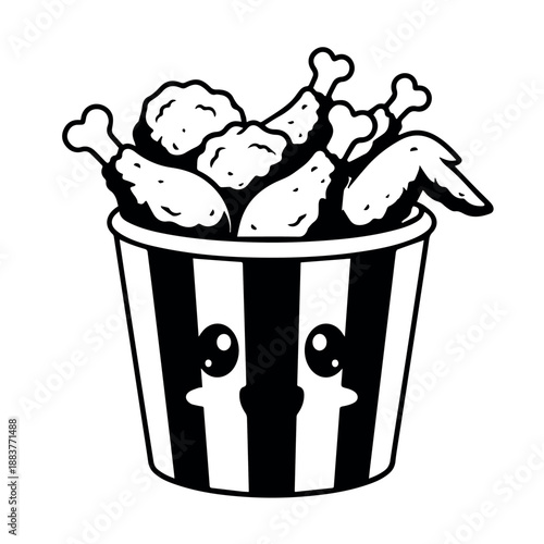 vector An amusing black and white illustration depicts a striped fast food bucket filled with various pieces of fried chicken, featuring a playful kawaii face for a touch of whimsy.