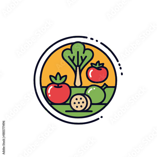 Vibrant Illustration of Fresh Fruit and Green Vegetables in a Circular Frame Highlighting Healthy Food Choices and Natural Produce