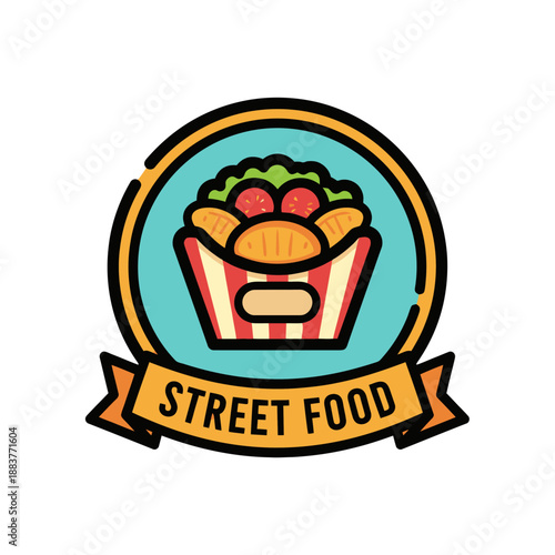Vibrant illustration of a street food basket with fresh vegetables and crispy snacks in a colorful badge emphasizing urban