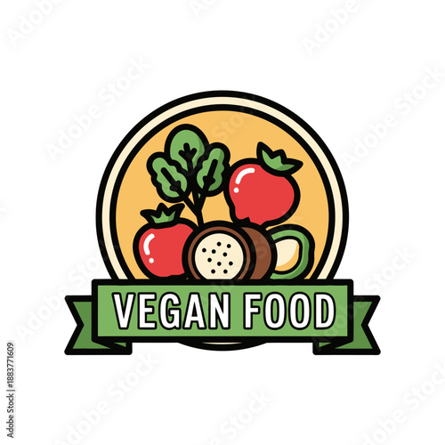 Vegan Food emblem showcasing fresh fruits and vegetables with a modern design emphasizing healthy plant-based eating