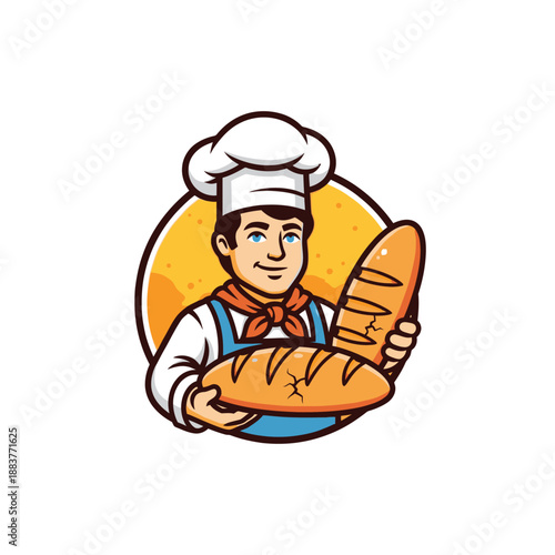 Cartoon baker chef holding freshly baked bread with a warm smile in a cheerful illustration emphasizing bakery skills and