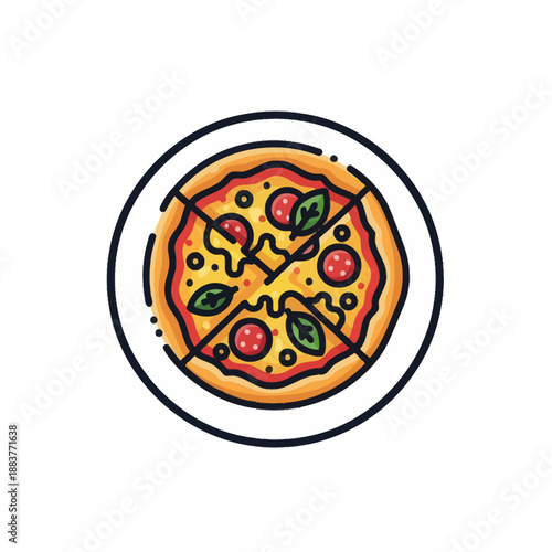 Delicious homemade veggie and fruit topped pizza with cheese and herbs served on a white plate