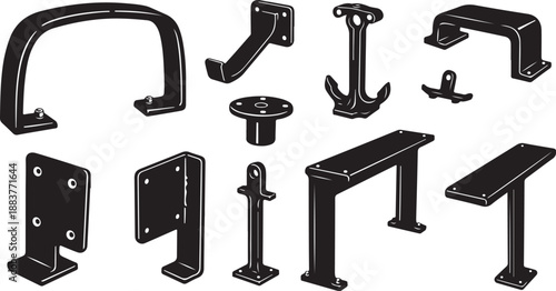 Collection of various metal brackets and hardware components