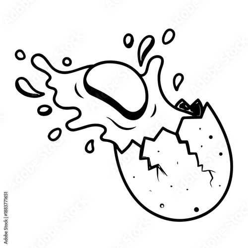 vector An energetic black and white illustration dynamically captures the moment a fresh egg cracks open with a lively splash, revealing its contents in motion.