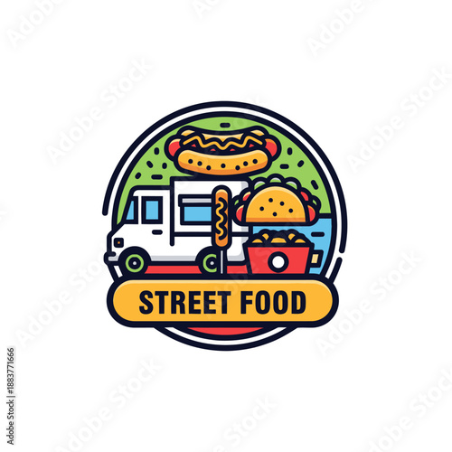 Vibrant cartoon-style street food truck offering diverse fast food options with fresh ingredients and playful design for lively