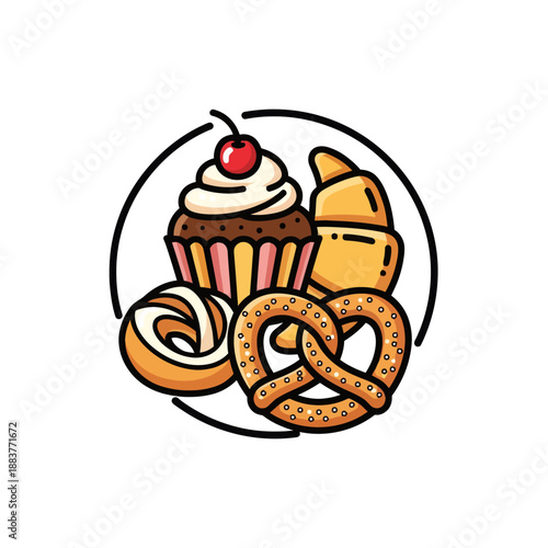 Colorful assortment of sweet pastries and baked goods with cupcake and pretzels