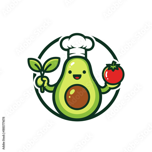 Adorable avocado character wearing a chef's hat holding a tomato and basil leaves in a playful cartoon style perfect for food