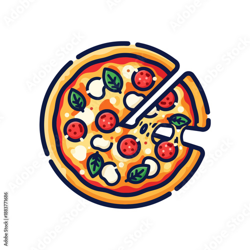 Delicious Pepperoni and Veggie Pizza with Fresh Basil and Mussels in a Hand-Drawn Style Capture