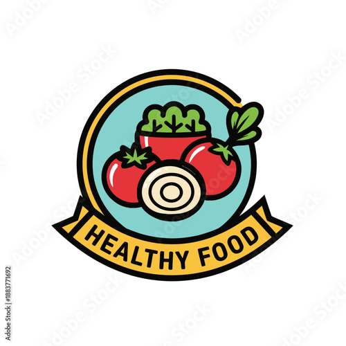 Vibrant healthy food badge featuring fresh vegetables and fruits with a sliced vegetable in the center and a supportive banner