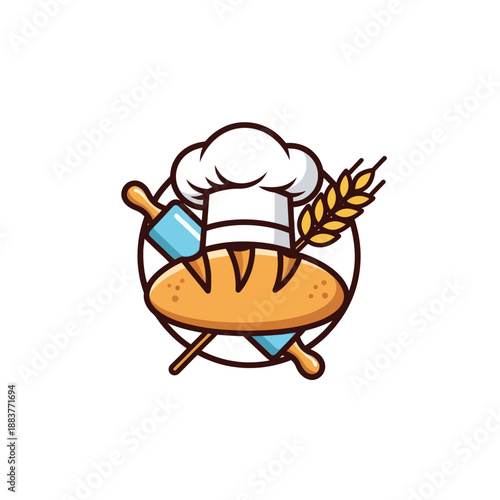 Charming cartoon bakery scene with bread, wheat stalk, chef hat, and kitchen tools illustrating culinary arts and baking culture