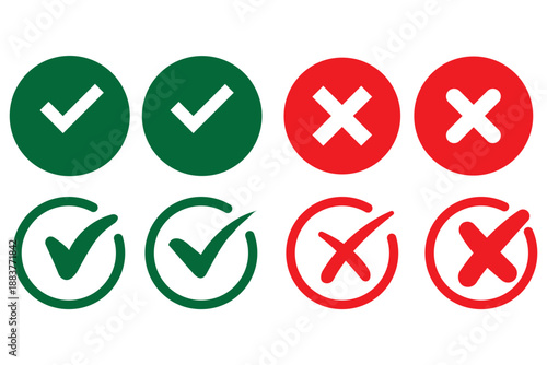 green checkmark and red x cross icons in circles for yes no approval rejection decision isolated on white background.