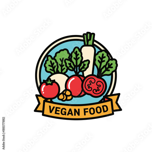 Colorful vegan food badge featuring fresh vegetables and fruits with a vibrant banner highlighting plant-based diet choices