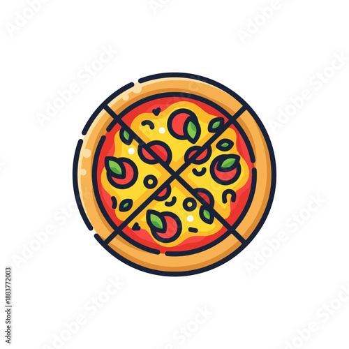 Illustration of a delicious pizza topped with fresh ingredients and crossed with black lines symbolizing no delivery or takeaway
