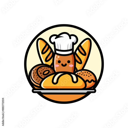 Whimsical bakery scene featuring adorable baked goods and a cheerful chef in a cartoon style