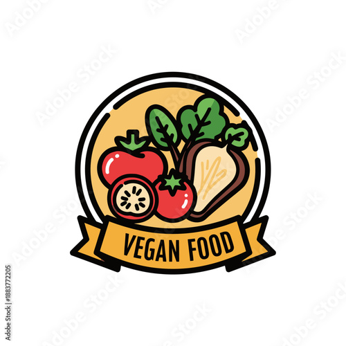 Vegan food badge with colorful fresh vegetables and fruits including tomato cauliflower and leafy greens in a vibrant design