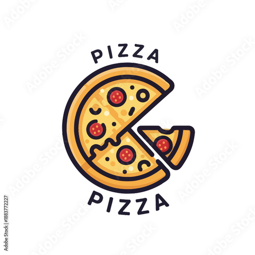 Delicious cartoon-style pizza slice with toppings and playful text design capturing fast food appeal