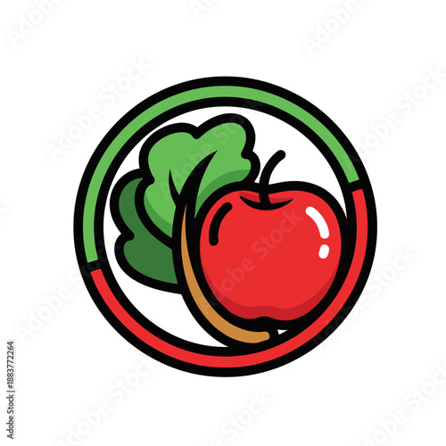 Vibrant fresh apple with leafy greens inside a circular emblem symbolizing health and natural nutrition in bright colors