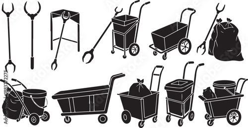 Collection of cleaning tools and carts in black outline