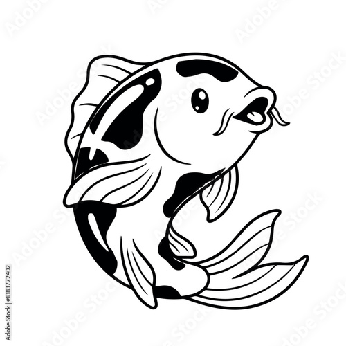 vector A beautifully dynamic black and white illustration captures a vibrant koi fish leaping gracefully, showcasing its distinctive spotted patterns and elegant fins in motion.