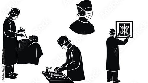 Medical professionals in surgical attire performing various healthcare tasks and procedures